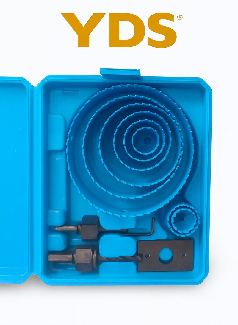 YDS 16-Piece Carbon Steel Hole Saw Set (19–127 mm) with 3/8" & 1/4" Arbors, Pilot Drill & Hex Key in Hard Carry Case – Ideal for Wood, PVC & Drywall (Model YDS-10006238)For Softwood, Plywood, Plastic Plates, Plasterboard & Thin PVC - Image 2