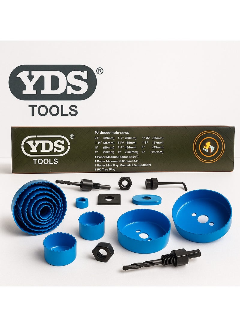 YDS 16-Piece Carbon Steel Hole Saw Set (19–127 mm) with 3/8" & 1/4" Arbors, Pilot Drill & Hex Key in Hard Carry Case – Ideal for Wood, PVC & Drywall (Model YDS-10006238)For Softwood, Plywood, Plastic Plates, Plasterboard & Thin PVC - Image 3