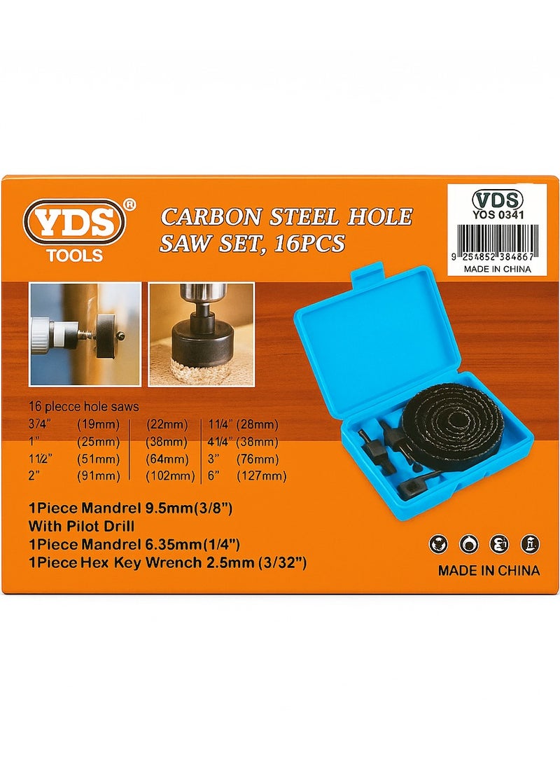YDS 16-Piece Carbon Steel Hole Saw Set (19–127 mm) with 3/8" & 1/4" Arbors, Pilot Drill & Hex Key in Hard Carry Case – Ideal for Wood, PVC & Drywall (Model YDS-10006238)For Softwood, Plywood, Plastic Plates, Plasterboard & Thin PVC - Image 4