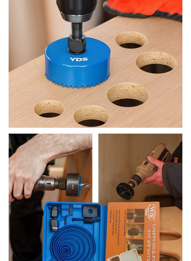 YDS 16-Piece Carbon Steel Hole Saw Set (19–127 mm) with 3/8" & 1/4" Arbors, Pilot Drill & Hex Key in Hard Carry Case – Ideal for Wood, PVC & Drywall (Model YDS-10006238)For Softwood, Plywood, Plastic Plates, Plasterboard & Thin PVC - Image 5