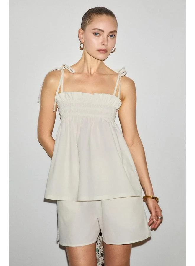 GRIMELANGE ARINADE Women's 100% Organic Cotton Thin-Strap Ruffle-Detail White Set.