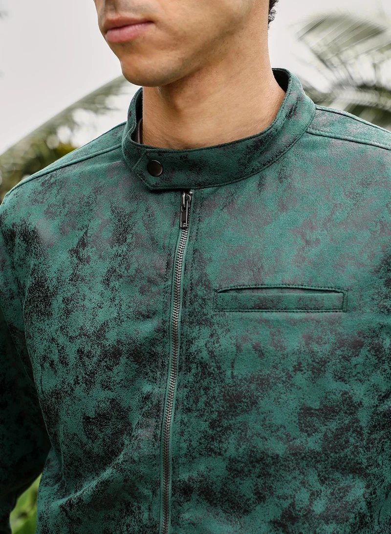 CAHOOT  Men's Emerald Green Embossed-Suede Rider Jacket for Men | Best Price UAE