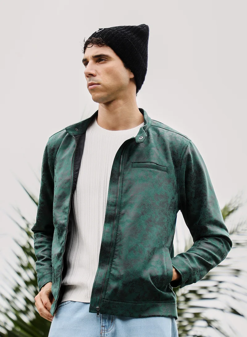 كامبوس سوترا جاكيت رايدر رجالي من جلد الغزال المنقوش بلون أخضر زمردي