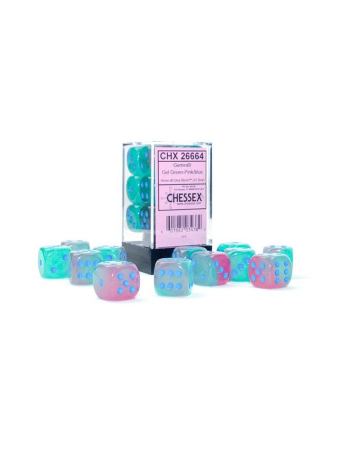 Chessex Gemini Dice Block ; Set Of 12 Size D6 Dice Designed For Board Games Roleplaying Games And Miniature Games ; Premium Quality 16 Mm Dice ; Luminary Gel Green Pink And Blue Color ; Made By Chessex  - Image 2
