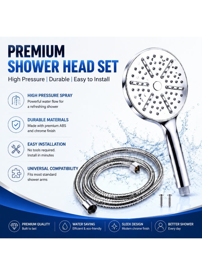 طقم رأس دش يدوي مع خرطوم بطول 1.5 متر، رذاذ مطري عالي الضغط، فوهات سهلة التنظيف، طلاء كروم، حامل جداري مرفق - Image 2