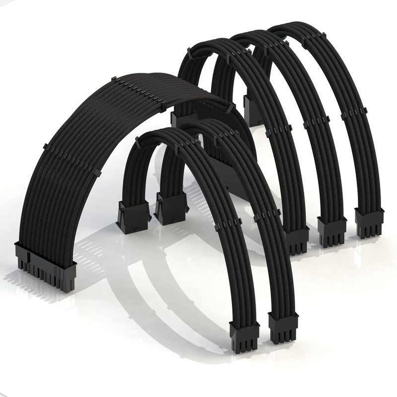 LINKUP - AVA 50cm PSU Cable Extension Sleeved Custom Mod GPU PC Braided w/Comb Kit - Compatible with RTX3090 | 1 x 24 P (20+4) | 2 x 8 P (4+4) CPU | 3 x 8 P (6+2) GPU Set | 500mm - WhiteBlack - Image 1
