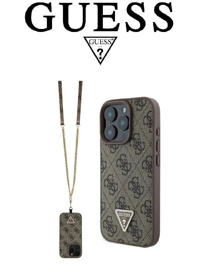 CG MOBILE - IPhone 16 Pro Max cover case with a strap, with a logo and a leather design approved by the global brand Guess. From CG-MOBILE. In Brown - Image 1