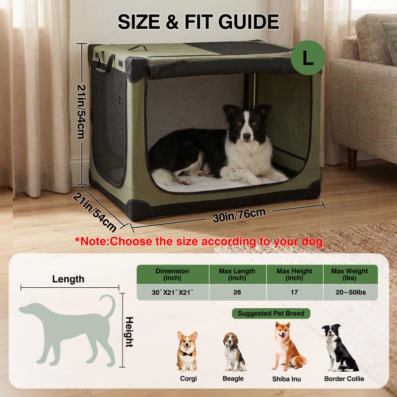 Veraste 30" L x 21" W x 21" H Collapsible Travel Dog Crate, Portable Soft Dog Kennel for Medium Dogs up to 45 lbs, 4-Door Foldable Travel Crate with Durable Mesh & Storage Bag, Green - Image 2