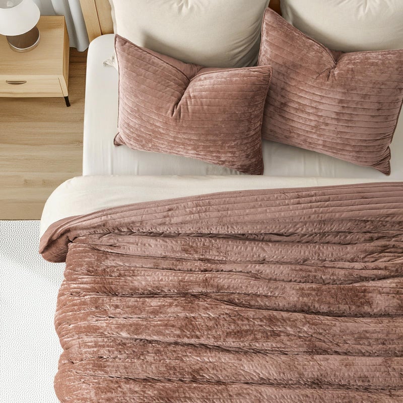 EVERGRACE Velvet Quilt Set Full Queen Size, Luxurious Soft Striped Channel Bedding Set, Lightweight Velvet Comforter for All Season, Oversized Bedspread Coverlet with 2 Matching Shams, Terracotta Clay - Image 3