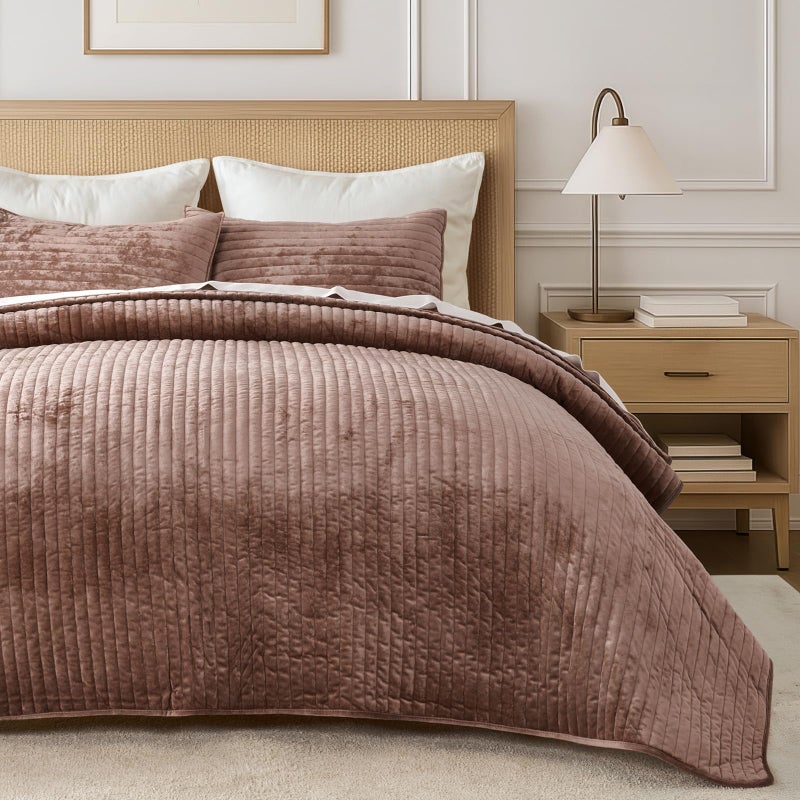 EVERGRACE Velvet Quilt Set Full Queen Size, Luxurious Soft Striped Channel Bedding Set, Lightweight Velvet Comforter for All Season, Oversized Bedspread Coverlet with 2 Matching Shams, Terracotta Clay - Image 2