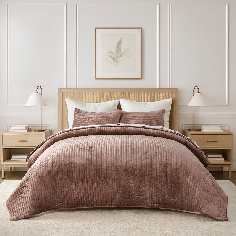 EVERGRACE Velvet Quilt Set Full Queen Size, Luxurious Soft Striped Channel Bedding Set, Lightweight Velvet Comforter for All Season, Oversized Bedspread Coverlet with 2 Matching Shams, Terracotta Clay - Image 1