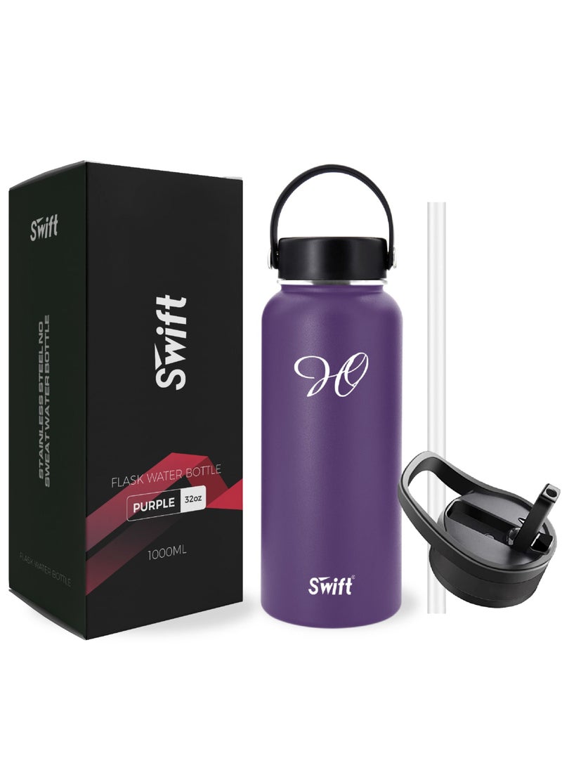Swift 1L Stainless Steel Flask Water Bottle with Straw and 2 Lids, Reusable Wide Mouth Travel Thermo Water Mug for Gym, Sports, Camping,  Traveling 1000ml 