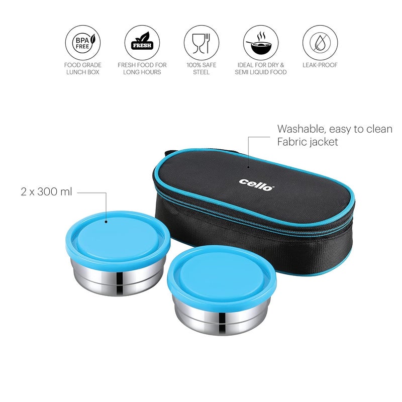 Cello CELLO Eco Bite Stainless Steel Lunch Box 2 Container with Jacket Blue Microwave Safe Leak Proof Containers Full Meal and Easy to Carry  - Image 2