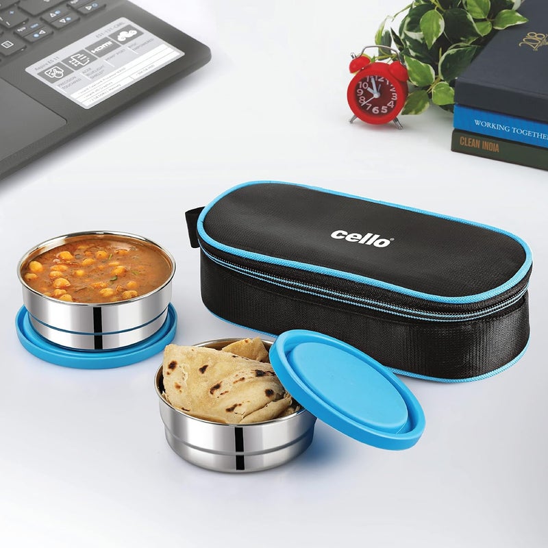 Cello CELLO Eco Bite Stainless Steel Lunch Box 2 Container with Jacket Blue Microwave Safe Leak Proof Containers Full Meal and Easy to Carry  - Image 1