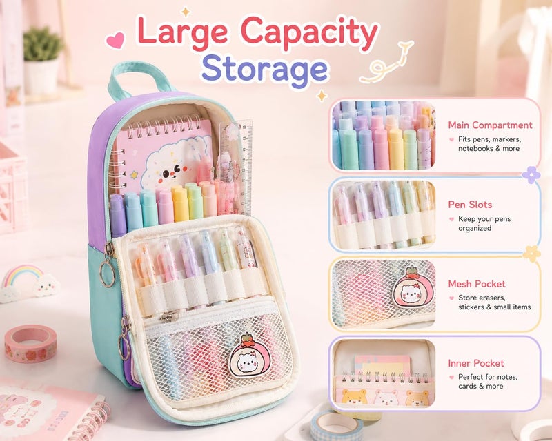 GuLiNiao Kawaii Pencil Case for Kids, Cute Mini Backpack Style Pencil Pouch, Large Capacity Standing Pencil Organizer for Girls & Boys, School Supplies (Green-Cloud) - Image 3