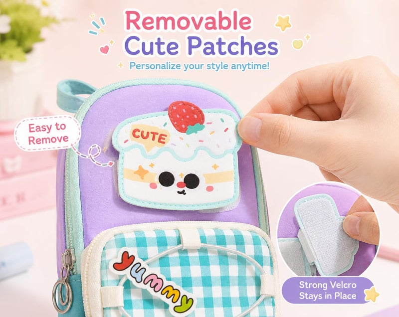 GuLiNiao Kawaii Pencil Case for Kids, Cute Mini Backpack Style Pencil Pouch, Large Capacity Standing Pencil Organizer for Girls & Boys, School Supplies (Green-Cloud) - Image 5