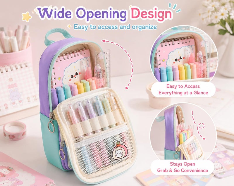 GuLiNiao Kawaii Pencil Case for Kids, Cute Mini Backpack Style Pencil Pouch, Large Capacity Standing Pencil Organizer for Girls & Boys, School Supplies (Green-Cloud) - Image 4