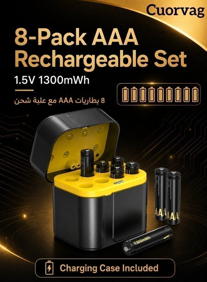  قورق الصحراء 8 بطاريات AAA قابلة لإعادة الشحن من الليثيوم مع علبة شحن ذكية LED بمنفذ Type-C، 1.5V، سعة 1.3Wh، قابلة لإعادة الاستخدام 1300+ مرة، مقاومة للماء IP68، حماية متعددة، مناسبة لأجهزة التحكم والألعاب ولوحة المفاتيح والماوس - Image 2