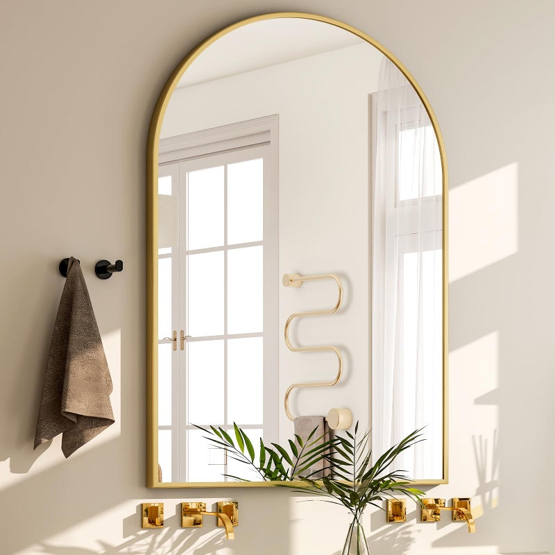 GLSLAND 20x30 inch Arch Bathroom Mirror  Arched Bathroom MirrorWall Mounted Vanity Mirror  Arch Metal Frame Wall Mirror for Bathroom Bedroom Living Room Gold