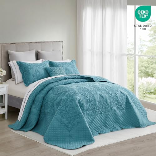 CHIXIN Bedspread Coverlet Set Queen Size - Lightweight Bedding Cover - Beautiful Stitching - 5 Piece Reversible Bedspread - Luxury Damask Paisley Pattern (Queen, Lagoon) - Image 2