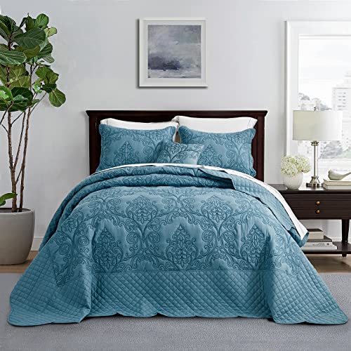 CHIXIN Bedspread Coverlet Set Queen Size - Lightweight Bedding Cover - Beautiful Stitching - 5 Piece Reversible Bedspread - Luxury Damask Paisley Pattern (Queen, Lagoon) - Image 1