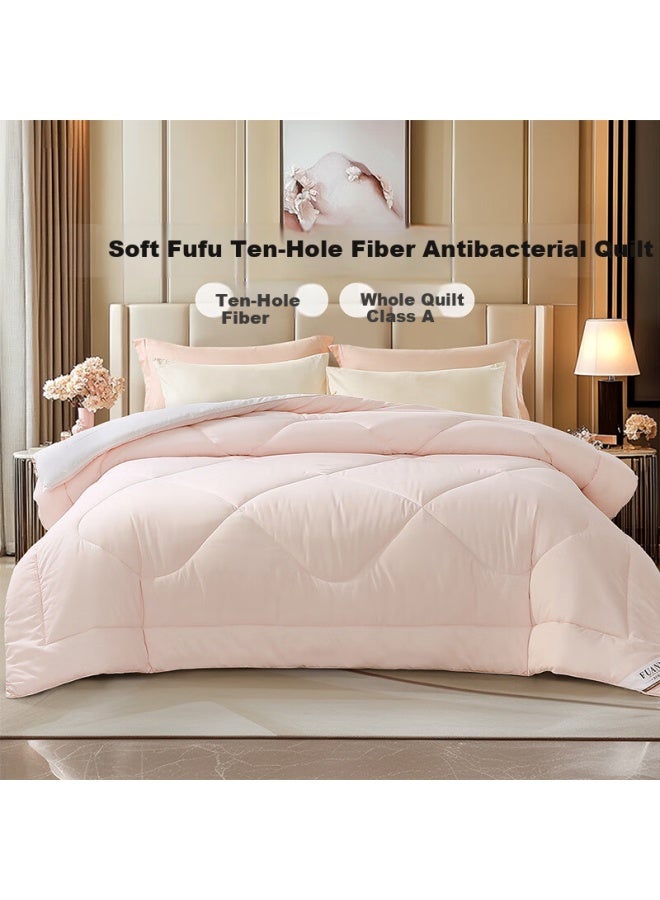 Fuanna Soft Fufu Ten-hole Antibacterial Fiber Quilt Four Seasons Quilt 1000g Filling 203*229cm Pink+white - Image 1
