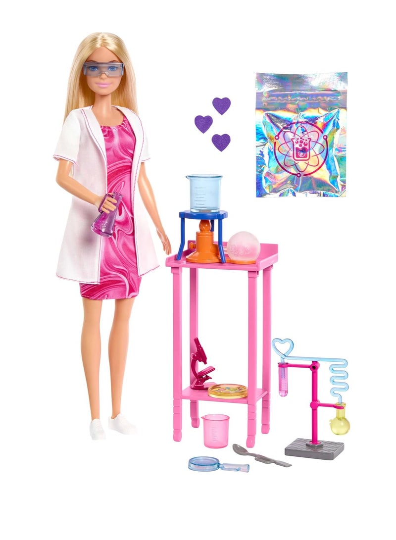 باربي دمية عالمة مع ملحقاتها، دمية شقراء أنيقة، طاولة مختبر، مجهر، وكأس متغير اللون، وطبق بتري. - Image 1