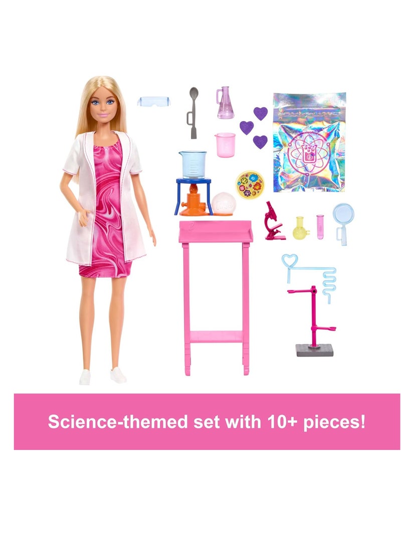 باربي دمية عالمة مع ملحقاتها، دمية شقراء أنيقة، طاولة مختبر، مجهر، وكأس متغير اللون، وطبق بتري. - Image 3