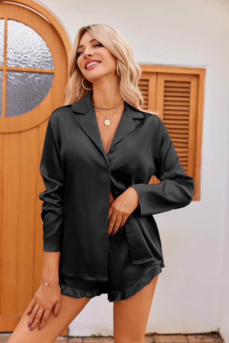 Ekouaer Womens Satin Pajama Sets Long Sleeve Top and Shorts Lounge Set Button Down Sleepwear Black S - Image 2