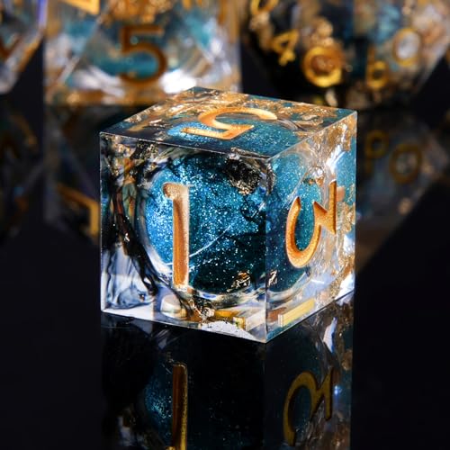 Role dice Liquid Core DND Dice Set 7pcs Sharp Edge Dice for Role Playing Dungeons and Dragons Ttrpg with Gift Box Handmade Resin DD Dice RPG Role Playing Games Dice SetBlackBlue Quicksand - Image 1