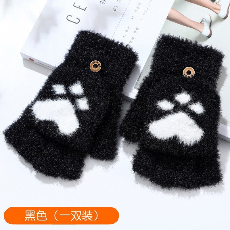 Cats Claw Gloves Womens Winter Warm fleece-lined Thickened Student Trendy Writing Cycling Cute Knitted Half Finger Flip Cover Gloves Cat claw black
