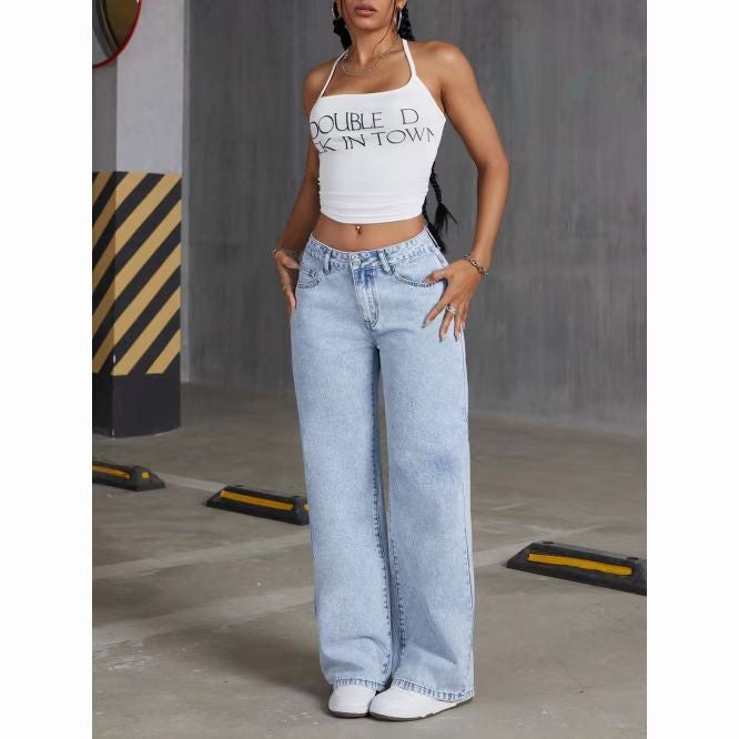 Style Fleece-Lined Fashion Jeans For Women, American High Street Straight-Leg Loose Versatile Manufacturer - Image 1