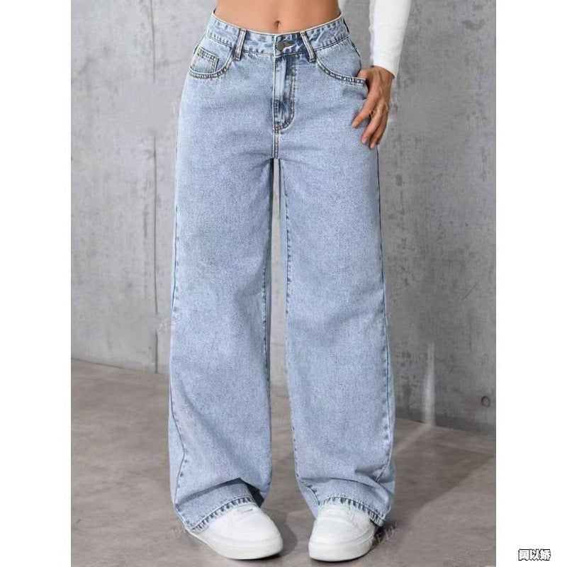 Style Fleece-Lined Fashion Jeans For Women, American High Street Straight-Leg Loose Versatile Manufacturer - Image 3