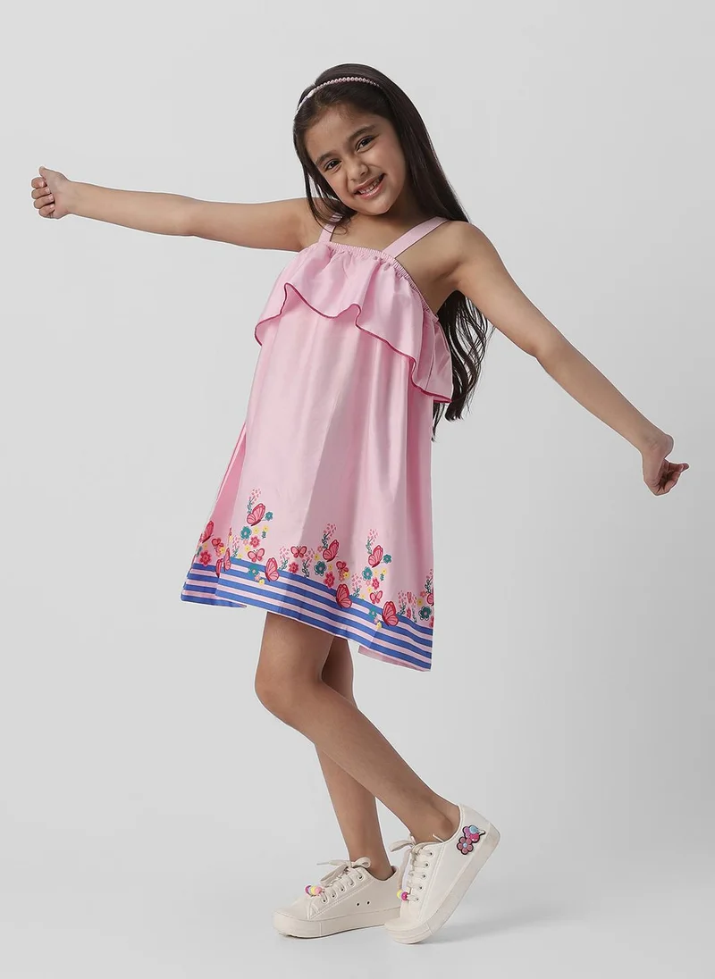 Nautinati Nautinati Girls' Pink Butterfly and Floral Printed Cotton Satin Sleeveless Everyday wear Frock