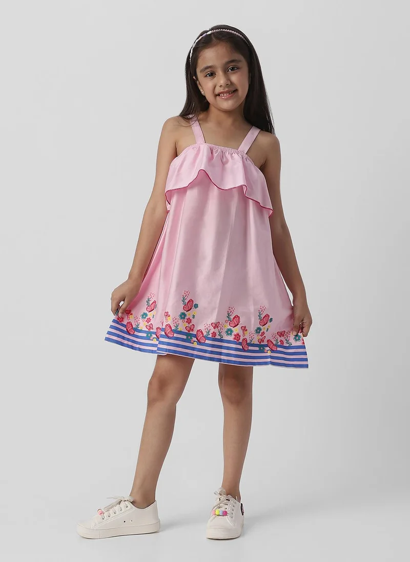 Nautinati Nautinati Girls' Pink Butterfly and Floral Printed Cotton Satin Sleeveless Everyday wear Frock
