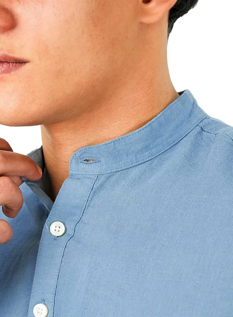 GIORDANO Men's Linen Cotton Poplin Shirt | Slim Fit, Band Collar
