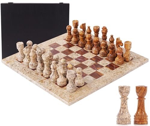 MARBLE RANGE Marble Chess Set for Adults 15 Handmade Coral Dark Brown Board Game with 32 Chess Pieces 2 Extra Queens Storage Box Luxury Travel Game Elegant Home Dcor - Image 1