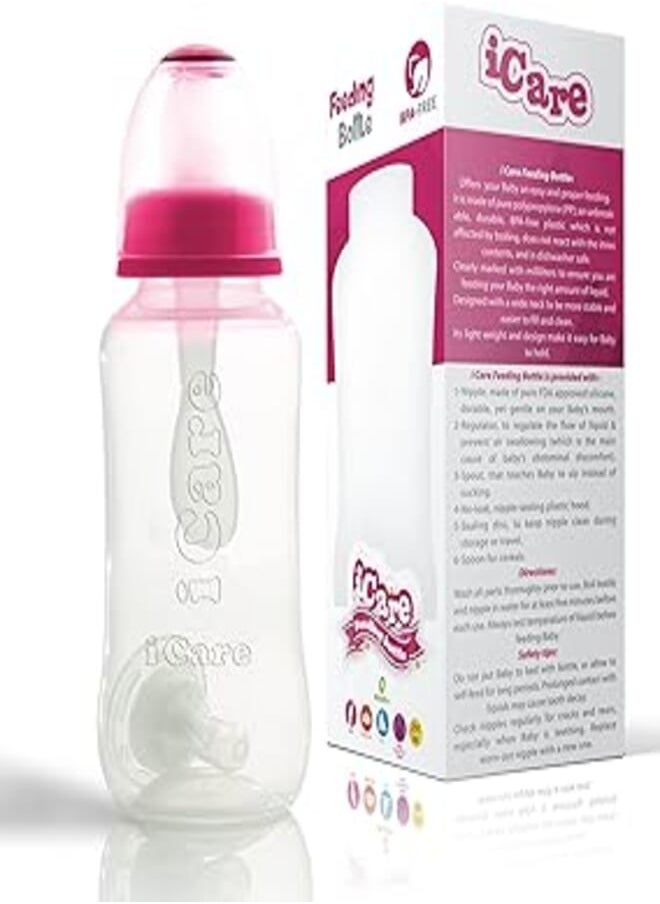 Five Fives Icare feeding bottle bpa- free with spoon - 250 ml - pink 