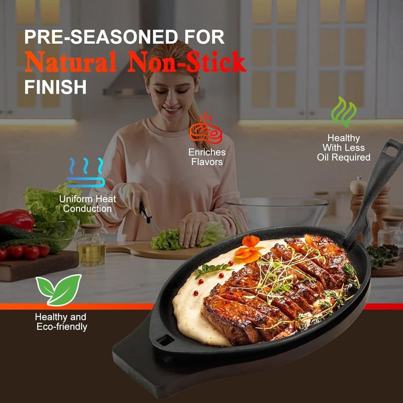 VK KRAFTS صينية حديد زهر ساخنة مع مقبض قابل للإزالة لحامل الأطباق الساخنة للستيك والشواء والمطاعم وإكسسوارات الطهي في المطبخ، مقبض ثقيل للأطباق الساخنة والشواء (4) - Image 5