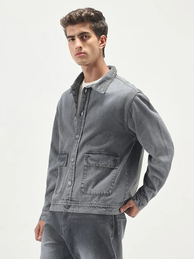 Urbano Fashion  Urbano Fashion Men's Grey Relaxed Fit Full Sleeve Utility Denim Jacket  | Best Price UAE