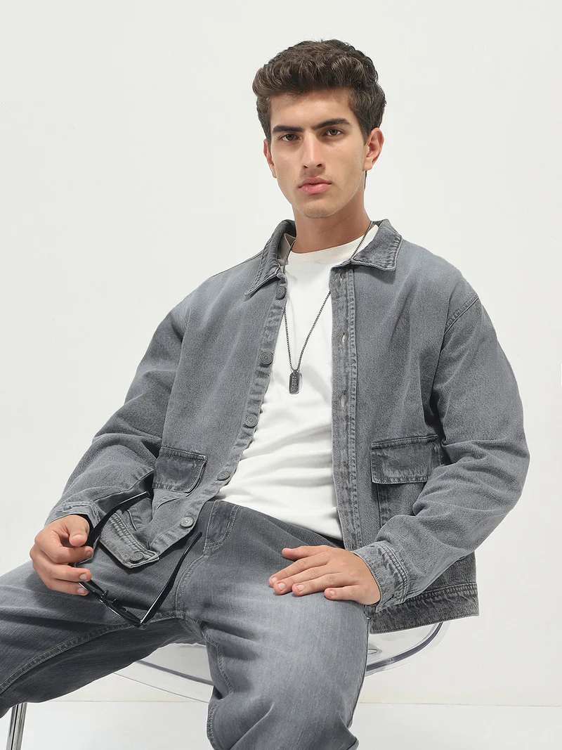 Urbano Fashion Men's Grey Relaxed Fit Full Sleeve Utility Denim Jacket