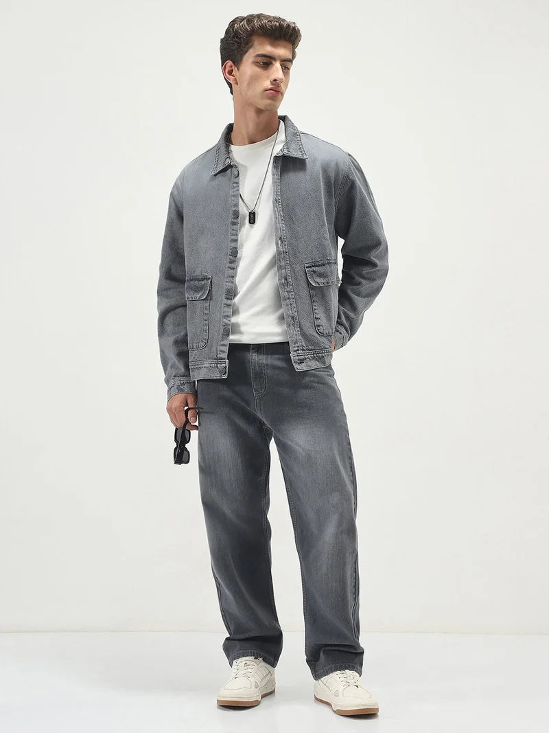 Urbano Fashion  Urbano Fashion Men's Grey Relaxed Fit Full Sleeve Utility Denim Jacket  | Best Price UAE