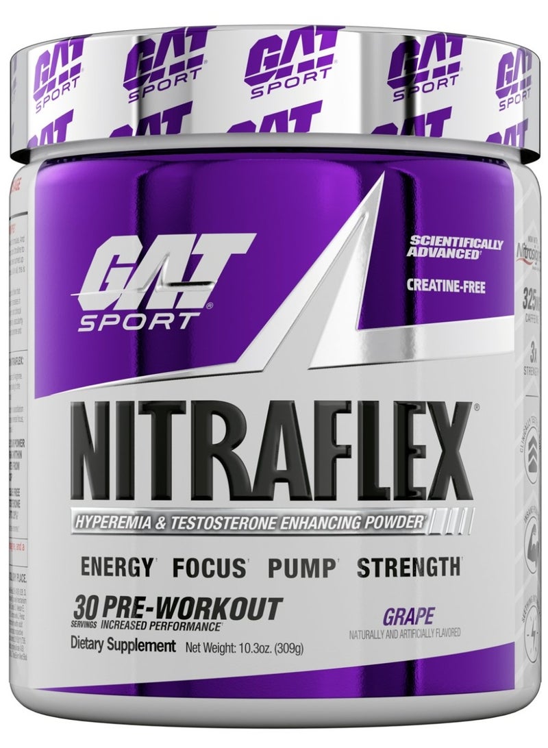 GAT Sport NITRAFLEX Pre-Workout Grape 309g | Extreme Energy, Strength, Muscle Pump & Testosterone Support | 30 Servings - Image 1