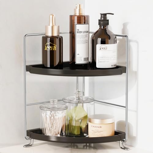JANUS LiANG 2-Tier Bathroom Organizer Countertop Corner - Makeup Organizer Cosmetic Perfume Holder Bedroom Storage Shelf or Kitchen Spice Rack (Chrome + Black) - Image 1