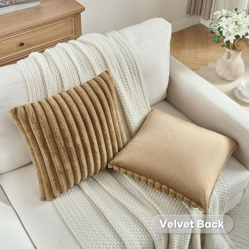 FUTEI Camel Striped Decorative Throw Pillow Covers 22x22 Inch Set of 2,Square Spring Decorations Couch Pillow Case,Soft Cozy Faux Rabbit Fur & Velvet Back,Modern Home Decor for Bed - Image 4