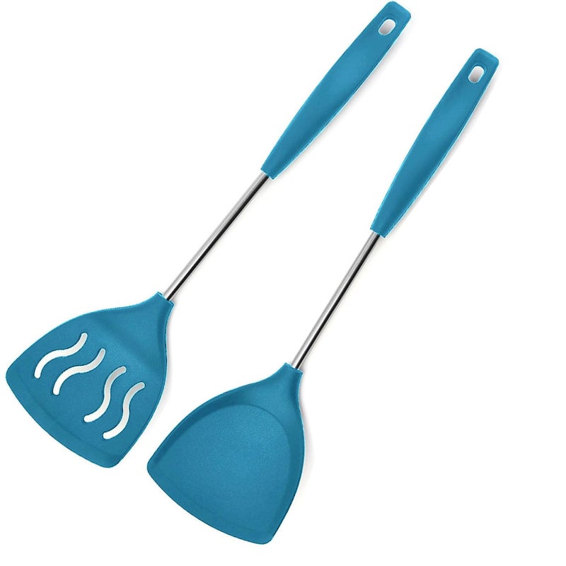 P Plus Fire Best Turner Spatulas Egg Flipper Slotted Turner Cooking Turner Non Stick Kitchen Utensil Rubber Spatula Palta for Kitchen Steel Dosa Karandi Kitchen Spatula Set of 2 Blue - Image 1