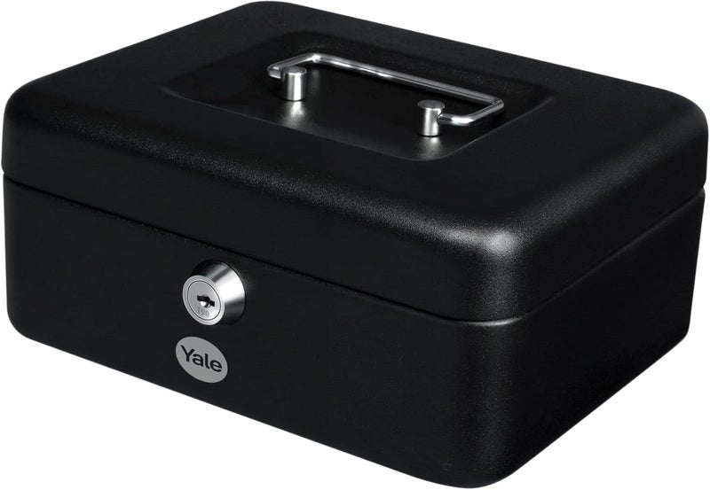 Yale Small Cash Box, Steel, Matt Black Finish, Cylinder Key Lock with 2 Keys, Removable Plastic Tray with 6-Space Coin Tray, Carry Handle, 80x152x118mm, Portable Petty Cash Box - Image 3