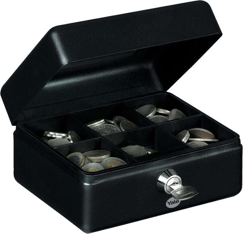 Yale Small Cash Box, Steel, Matt Black Finish, Cylinder Key Lock with 2 Keys, Removable Plastic Tray with 6-Space Coin Tray, Carry Handle, 80x152x118mm, Portable Petty Cash Box - Image 1