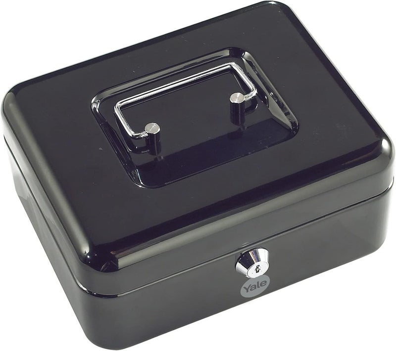 Yale Small Cash Box, Steel, Matt Black Finish, Cylinder Key Lock with 2 Keys, Removable Plastic Tray with 6-Space Coin Tray, Carry Handle, 80x152x118mm, Portable Petty Cash Box - Image 2