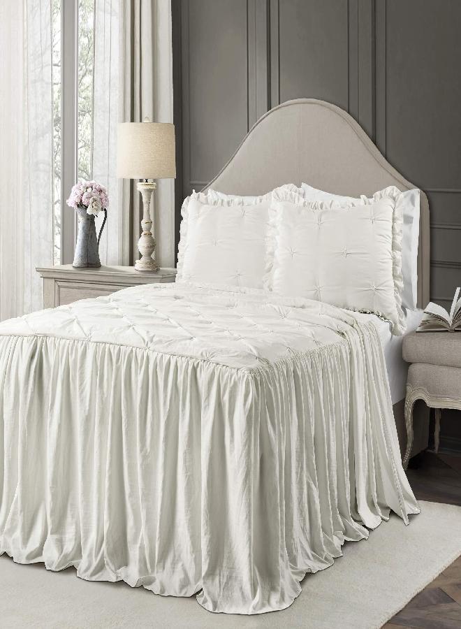 Lush Decor Lush Decor Ravello Pintuck Ruffle Skirt Bedspread Vintage Chic Farmhouse Style Lightweight 3 Piece Set, Queen, White  - Image 2